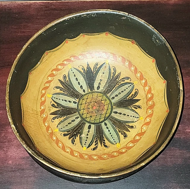 Antique Beautiful Primitive Folk Art Hand Painted Turned  Wood Out-Of-Round Bowl