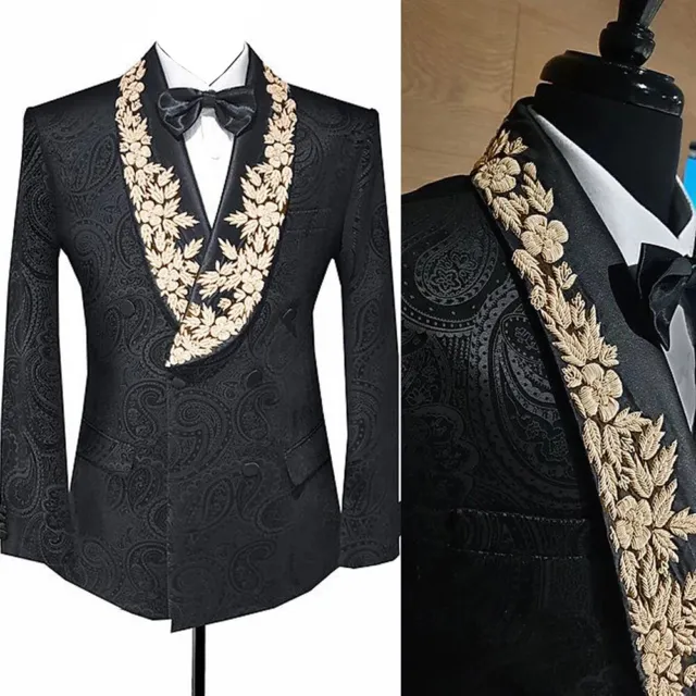 Black Jacquard Men's Suits Gold Lace Appliques Shawl Lapel Wedding Prom Tuxedos