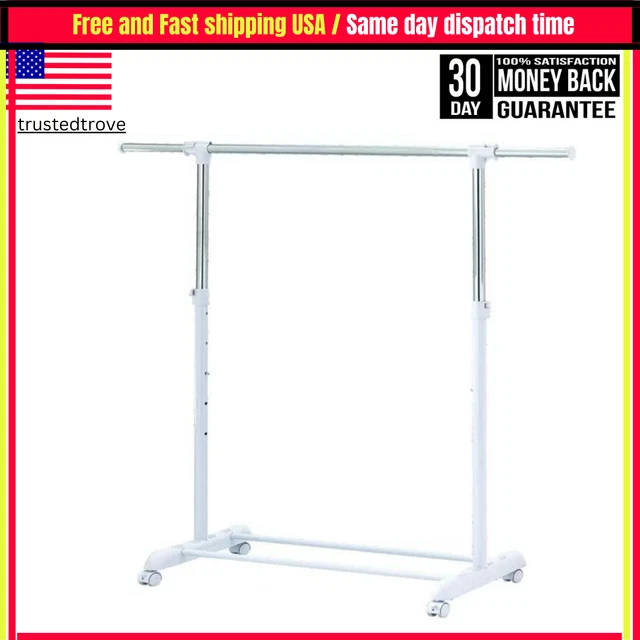 Heavy Clothes Hanger Adjustable Height Rolling Garment Rack Metal Chrome White-