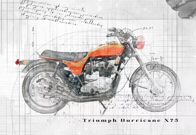 Line Tech Drawing  Triumph Hurricane X75  Mock Retro Art Poster Print