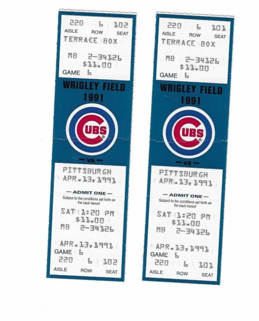 Chicago Cubs vs Pittsburgh Pirates Unused Baseball Tickets from 4/13/1991