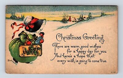 Postcard Merry Christmas Greetings Girl Holding Doll Suitcase a/s M Dulk AD20