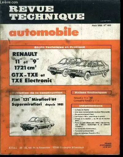 REVUE TECHNIQUE AUTOMOBILE N° 443 - Renault 11 et 9 1721 cm³, GTX