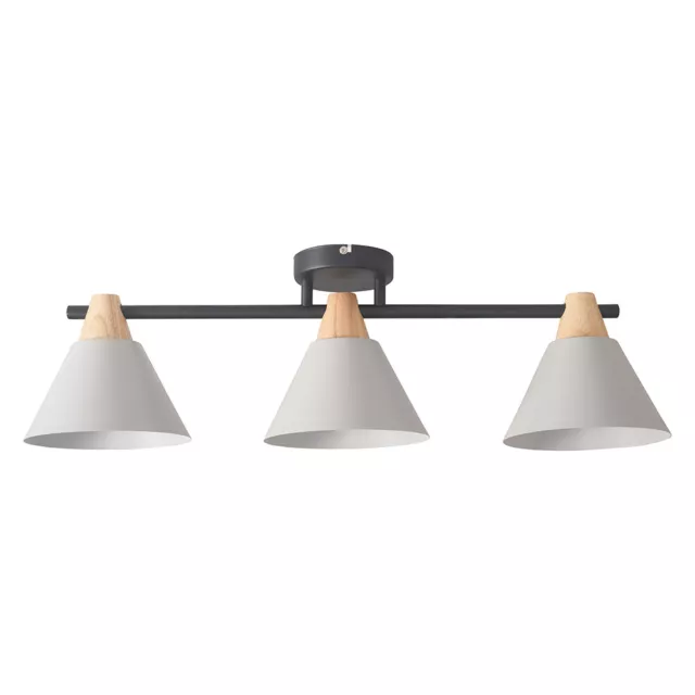 Metal 3 Way Ceiling Light Fitting Wood & Grey Tapered Shades LED Bulb Lighting