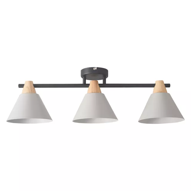 Metall 3-Wege Deckenleuchte Montage Holz & grau konische Schirme LED Glühbirne Beleuchtung