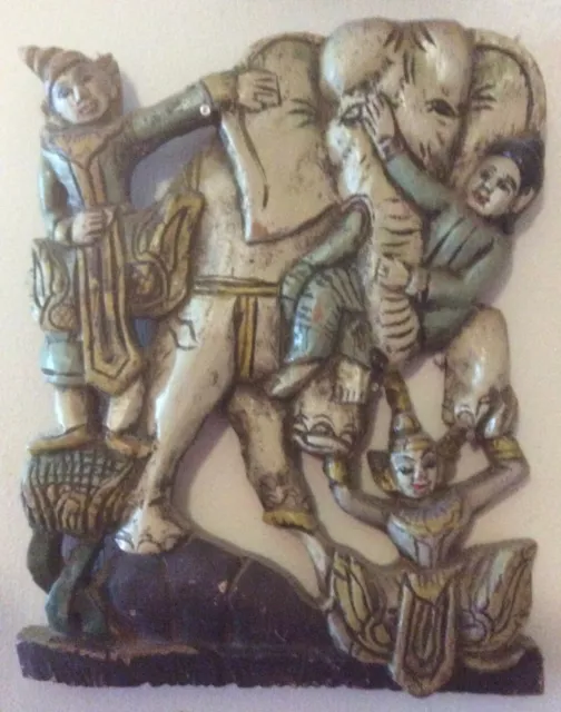 ANTIQUE Carved wood Buddha + elephant temple wall sculpture BURMA Myanmar FINE
