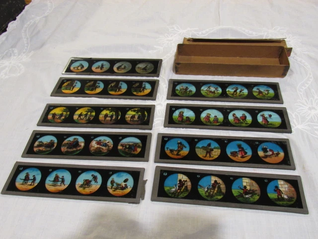 ANTIQUE c1890 GERMAN MAGIC LANTERN HAND PAINTED GLASS SLIDES BLACK AMERICANA