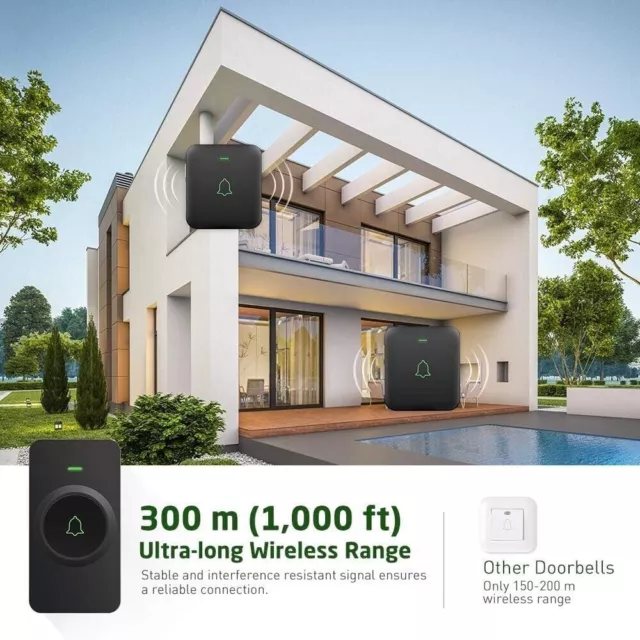 Wireless Doorbell AVANTEK IP55 Waterpoof 1000ft 5Level Volume LED 2 Receivers 2