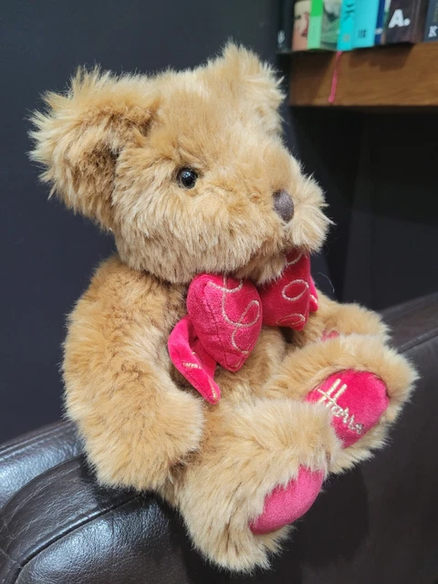 HARRODS Soft Brown Faux Fur Christmas Teddy Bear with Red Plush Paws & Bow Tie
