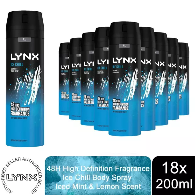 Lynx XL Ice Chill Körperspray Deo 48H Frisch Eis Minze & Zitronenduft 200ml, 18er-Pack