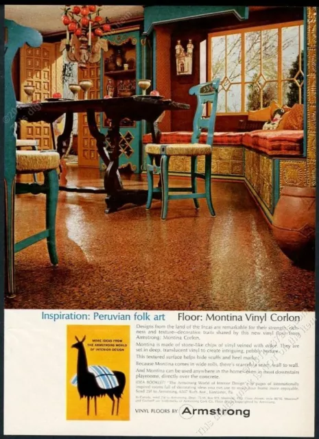1965 Peru llama art Peruvian folk art theme Armstrong floors vintage print ad