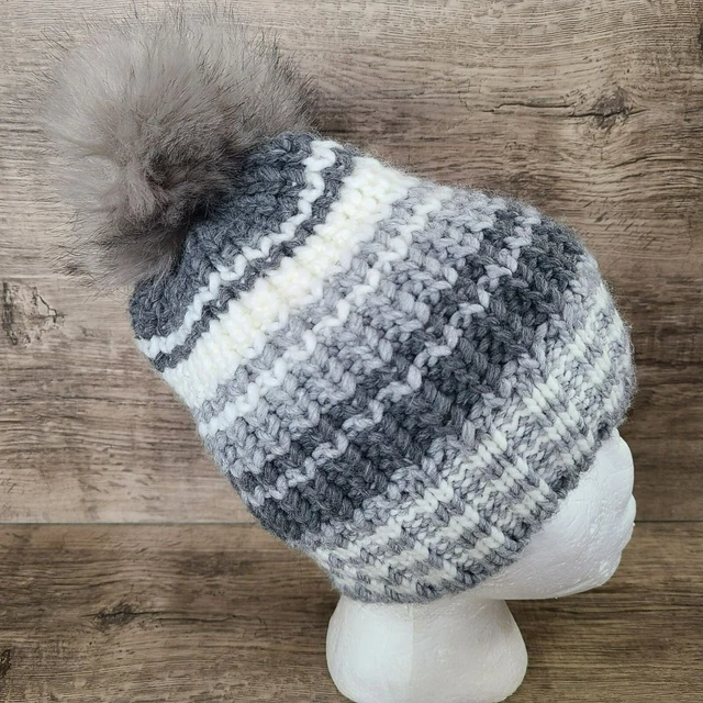 Andrei & Torresi Italian Wool Beanie Hat Faux Fur Pom Pom Gray White Knit Stripe