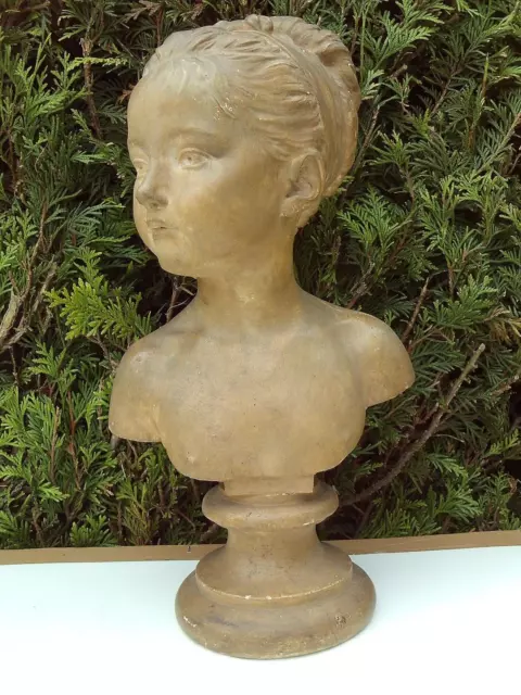 Sculpture Buste sur Socle Plâtre Ancien Jeune Fille à Patine Brune Hauteur 45 cm