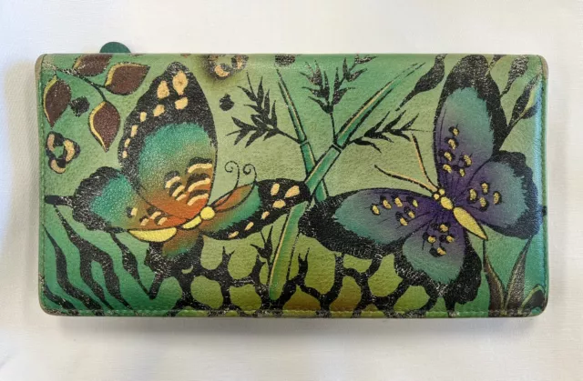 Anna By Anuschka HandPainted Leather Clutch Wallet Butterflies Snap Closure Fold