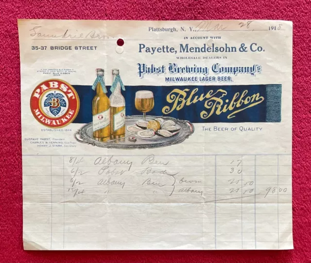 Pabst Brewing Co. Blue Ribbon Milwaukee Beer - 1918 Billheads 3