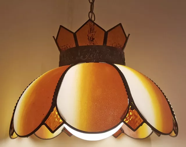 VINTAGE STAINED GLASS SWAG LAMP 1960s PARLOR POOL TABLE LIGHT ORANGE YELLOW