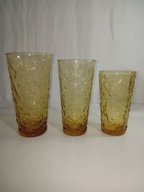 Set of 3 Vintage MCM Anchor Hocking Milano Amber/Gold Drinking Glasses