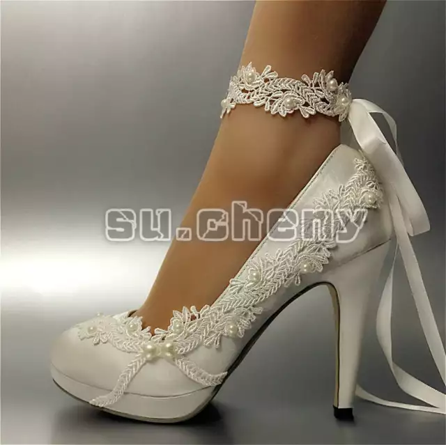 Su.cheny 3 " 4 " Talon Satin Blanc Ivoire Dentelle Ruban Fermer Orteil Mariage