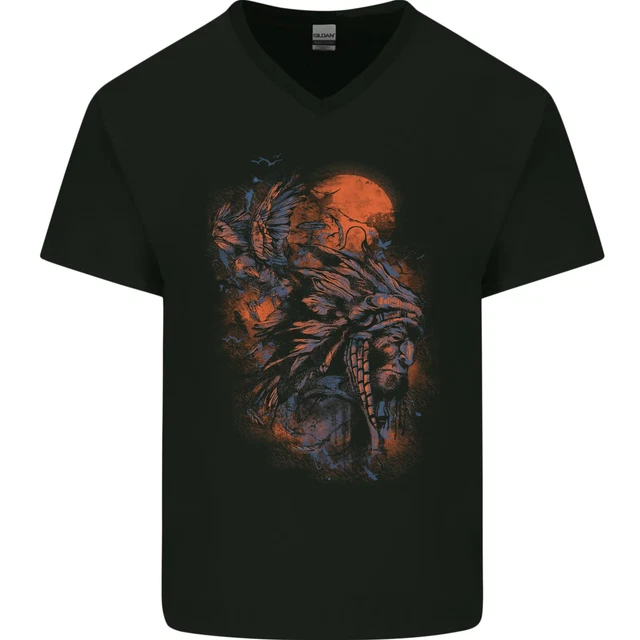 Nativi Americani Copricapo Indiano Apache Uomo Scollo A V Cotone T-Shirt