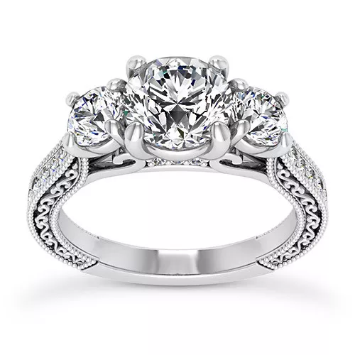 Pave Three Stone 2.98 Ct Lab Created Round Diamond Engagement 14k Ring VS2 F