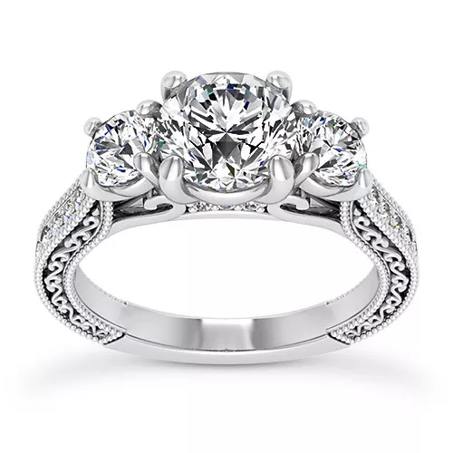Pave Three Stone 2.98 Ct Round Diamond Engagement Ring White Gold VS2 F Treated