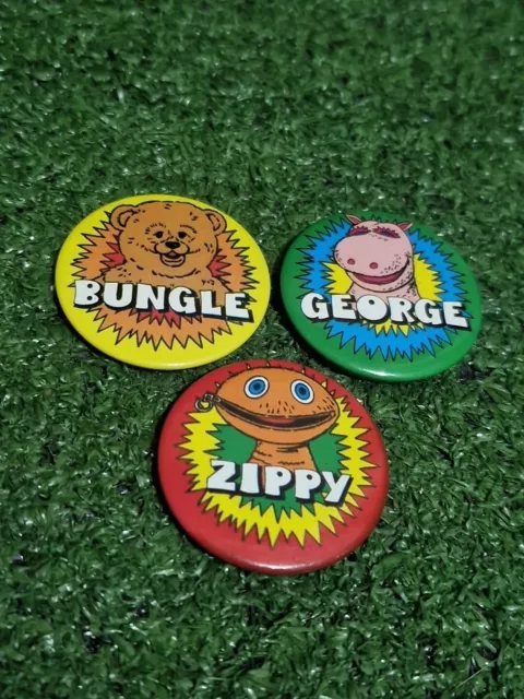 Vintage BUNGLE GEORGE ZIPPY RAINBOW BUTTON BADGES 1988 THAMES TELEVISION LTD