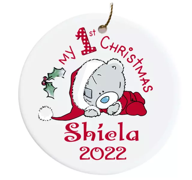 Personalized Baby's First Christmas Ornament 2022 Santa Grey  Bear  Ceramic 3"
