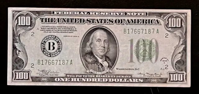 1934A $100 Us Federal Reserve Note, New York, Julian-Morgenthau, Vf B17667187A