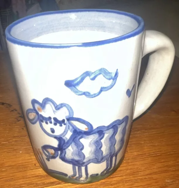 MA HADLEY SHEEP COFFEE MUG CUP “THE END” Inside Pottery Stoneware Blue/cream