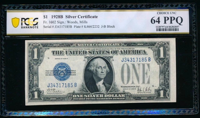 AC 1928B $1 Silver Certificate PCGS 64 PPQ J-B block  Fr 1602