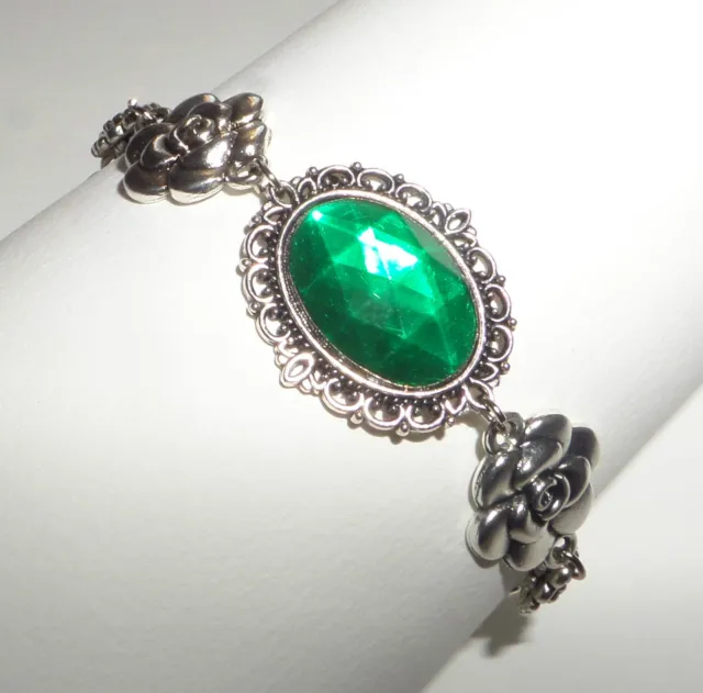 Camellia Filigree Victorian Style Emerald Green Silver Plated Bracelet Cfb