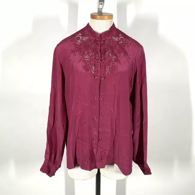Vintage 70s Peony 100% Silk Hand Embroidered Plum Blouse Sz S, Made In Shanghai