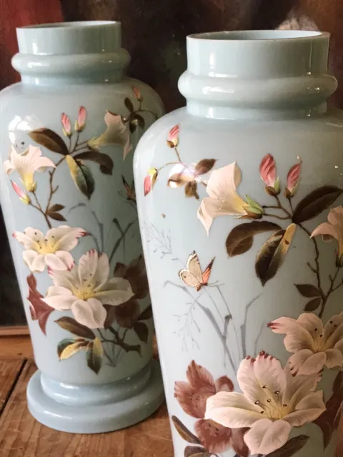 Fabulous Pair of Antique Victorian Hand Painted Large Blue Milk Glass Vases