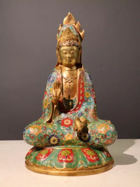 12.9" Old Chinese Cloisonne Enamel Buddhism Kwan-yin Guan Yin Goddess Statue