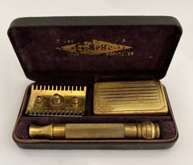 Vintage Gillette Gold Tone 3-Piece Open Comb Safety Razor W/Case & Blades