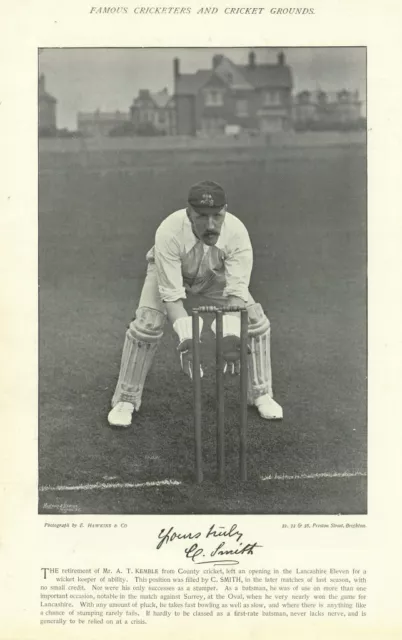Charles Smith. Wicket-keeper. Lancashire cricketer 1895 old antique print
