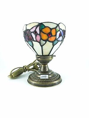 Lampada da appoggio in ottone anticato con vetro stile Tiffany fiori colorati 2