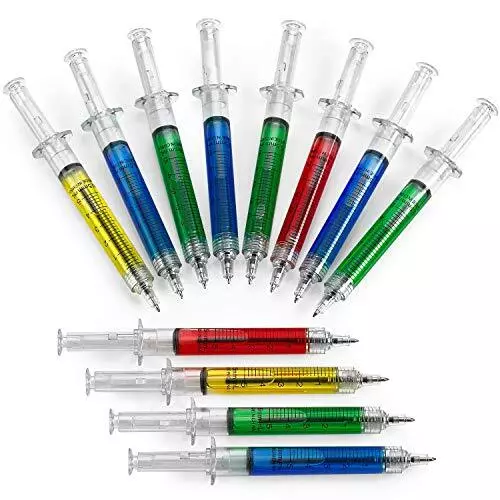 Syringe Pens - 12 Pack Multi-Color Syringe Pen - Writes in Blue or Black Ink for
