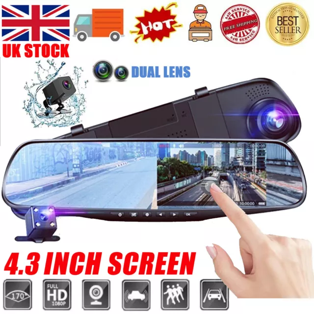 Dual Lens 4.3'' HD Car DVR Dash Cam Front and Rear Mirror Camera Video Recorder