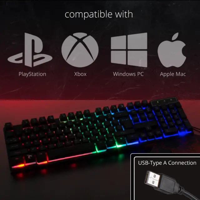 Rainbow LED Gaming Keyboard And Mouse Set USB Wire For PC Laptop PS4 Xbox One UK 3