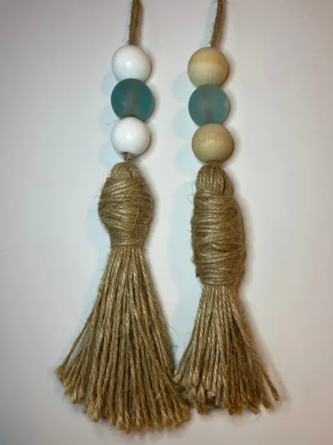 Tassels Drapery Tie Backs Coastal Casual Wooden And Glass Beads. Set Of 2. 467b3