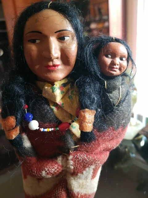 Antique Native American Indian Skookum Doll - Woman & Baby - 10-1/2" Tall