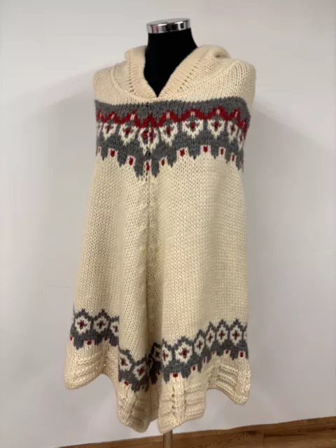 FairIsle Knitted Vintage Wool Hooded Poncho Cape Boho Hippie St Bernard 10 12 14