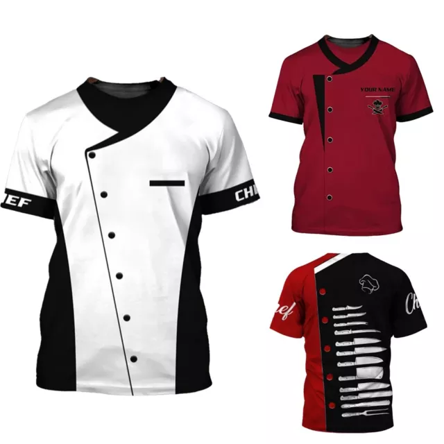 Men Stylish Print Contrast Color T-shirt Kitchen Short Sleeve Chef Shirt Uniform