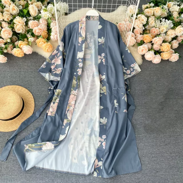 Femme Japonais Kimono Manteau Floral Yukata Extérieur Long Peignoir Hauts Satin