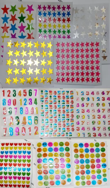 10 x Children reward stickers teachers Heart Emoji face stars numbers, scrapbook