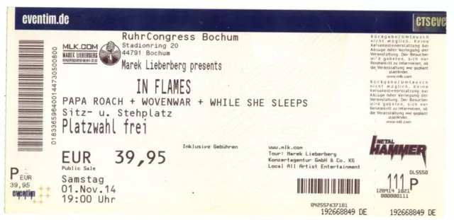 In Flames - Altes Konzert-Ticket Bochum vom 01.11.2014 - # 8849 - Siehe Bild