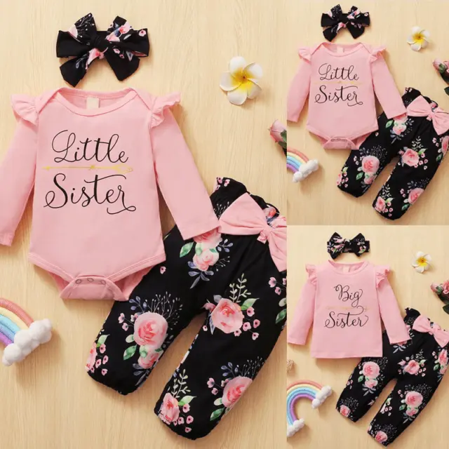 Baby Toddler Girls "Little Sister" Print Romper Tops Pants Headband Set Outfits