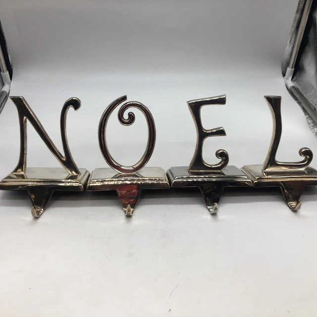 4 Pottery Barn NOEL Stocking Holders Silver Tone Base Felt Christmas Mantle Set