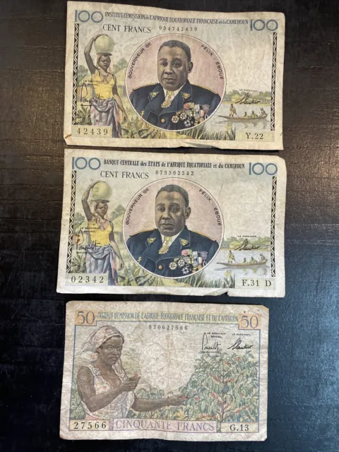 3 Billets 100 Francs Et 50 Francs Cameroun Felix Eboué